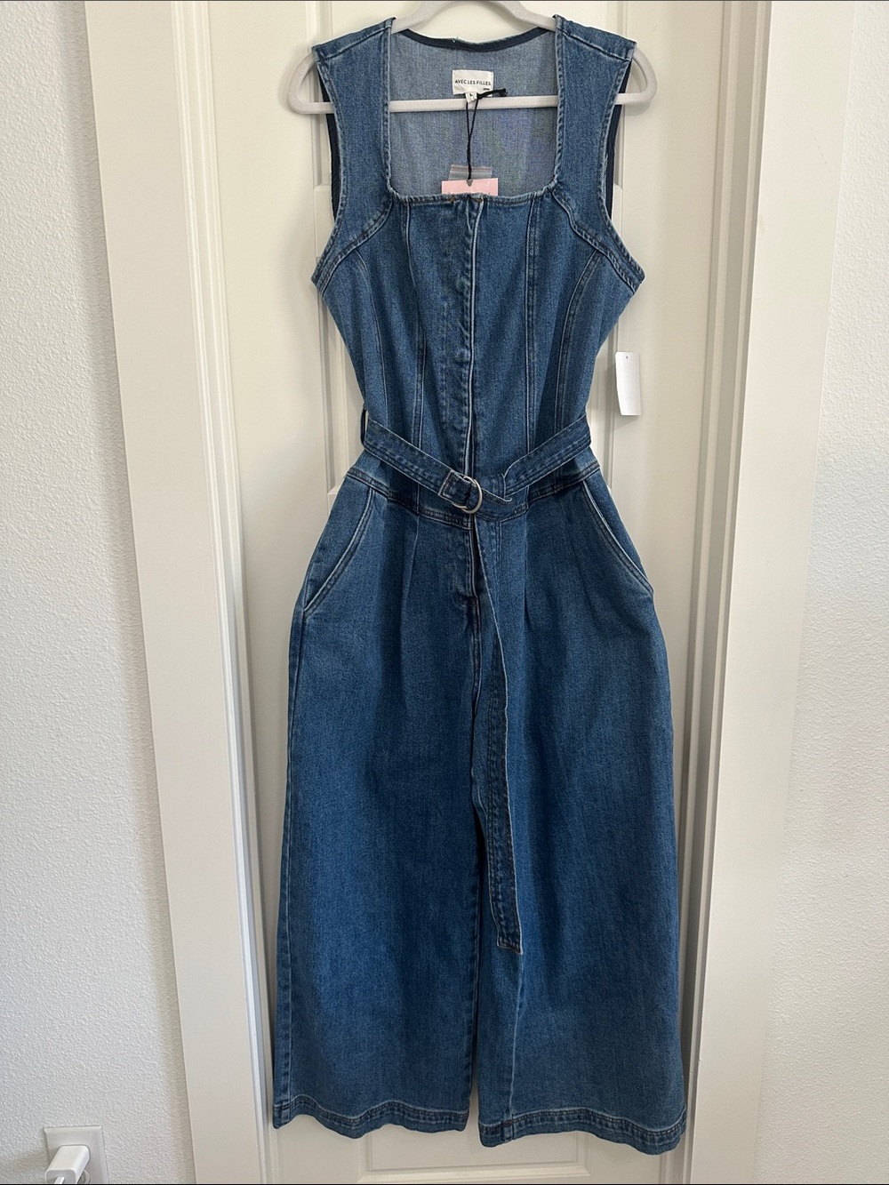 NWT Avec Les Filles Sleeveless Wide Leg Denim Jumpsuit Button Front L